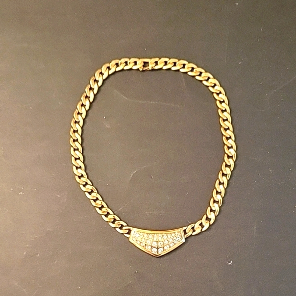 Chunky Gold-tone Chain Statement Necklace with Clear Crystal Accents, 16"